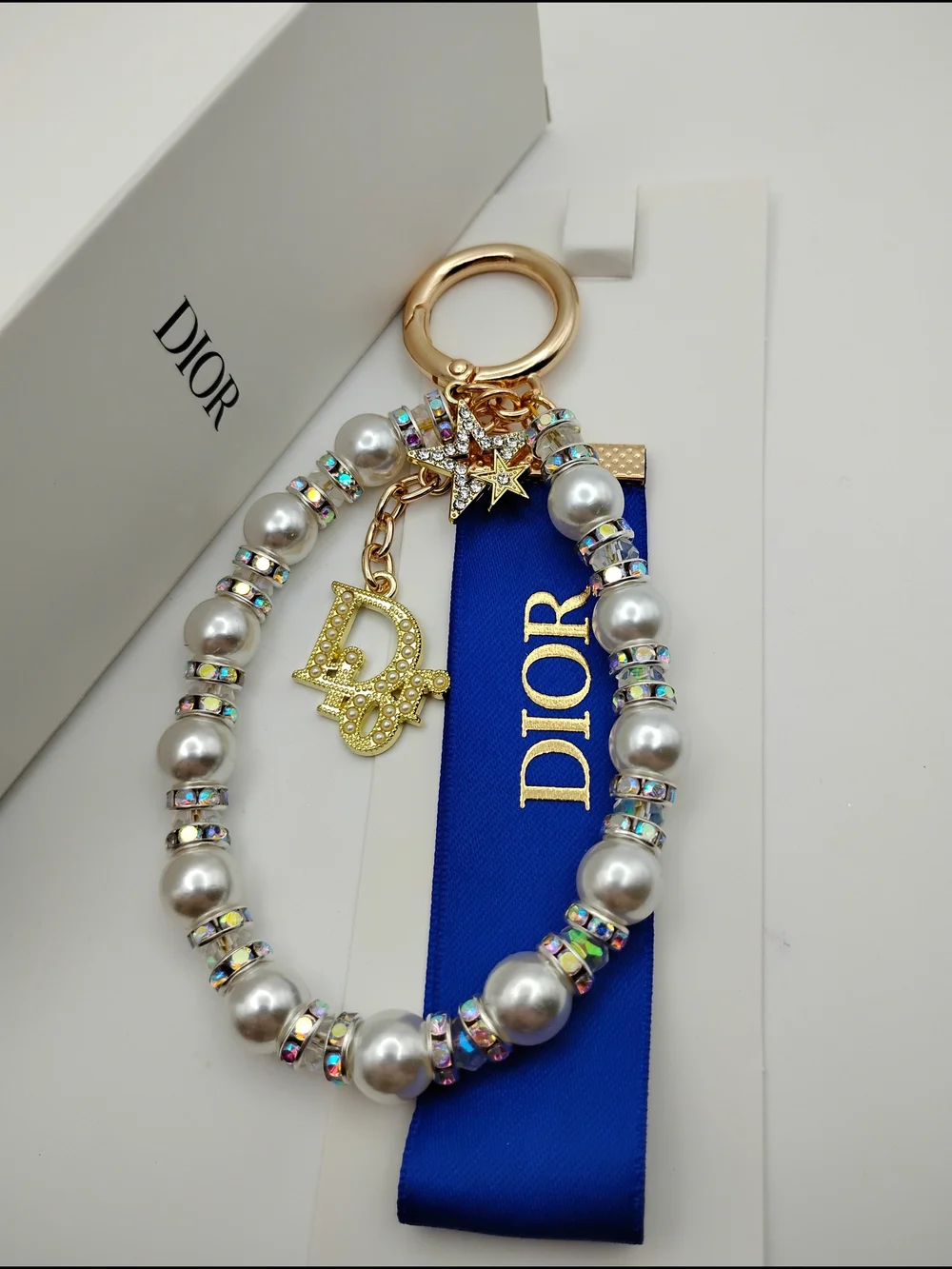Dior Pearl Charm Keychain in Gold and White With A Star & Dior Accent BNIB
